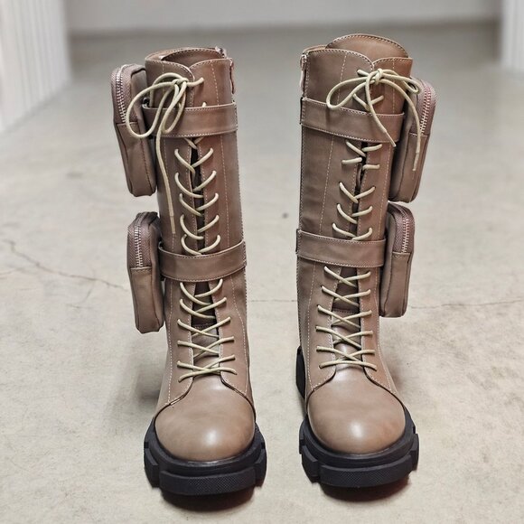 Lace-Up Utility Combat Boots With Side Pouches Chunky Soles And Side Zippers In - Picture 7 of 7